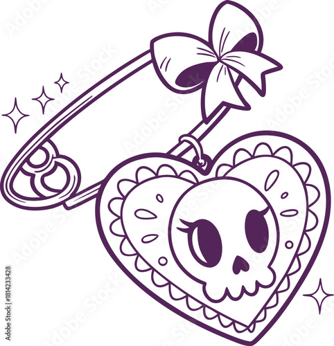 Heart shaped skull safety pin with bow and sparkles outline