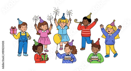 A diverse group of happy children celebrating a birthday party with presents, cakes, and sparklers.