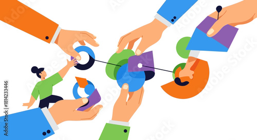 Illustration of diverse hands assembling geometric shapes, symbolizing teamwork and collaboration.