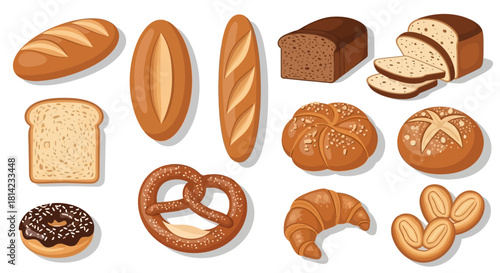 Variety of bread and baked goods illustration.
