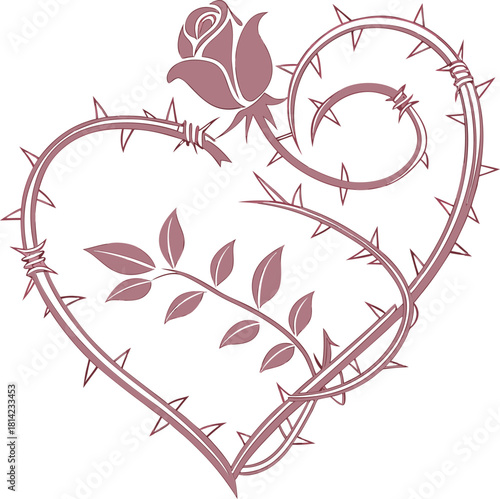 Heart shape formed by thorny rose vine with bud and leaves