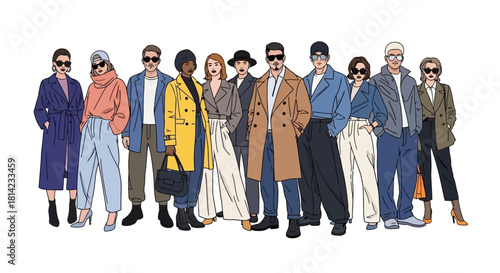 A diverse group of stylish people in various fashionable outfits and sunglasses, standing together in an illustration.