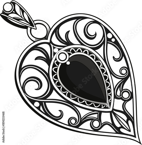 Elegant teardrop black gemstone ornate filigree pendant necklace