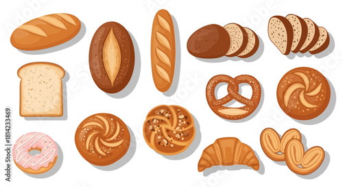 A collection of various baked goods, including bread loaves, rolls, pastries, and slices, on a white background.