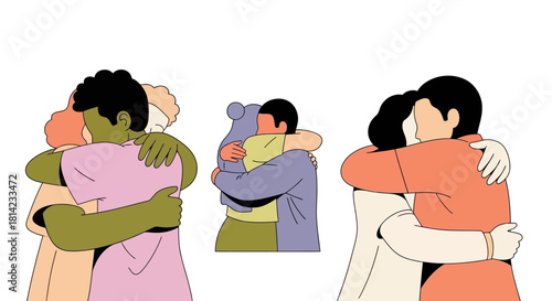 Illustration of three couples embracing, showing affection and connection in a minimalist style.