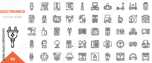 A diverse collection of outline icons representing various electronics and gadgets in black and white.