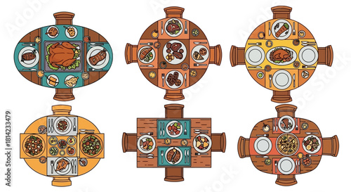 A collection of six illustrated dining tables, viewed from above, set with festive meals and dishes.