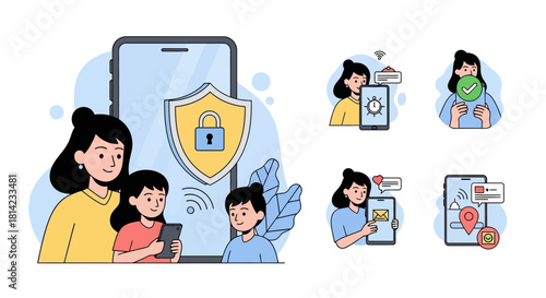 Family using smartphones with security and location features, emphasizing digital safety and parental control.