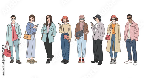 Illustration of eight stylish people standing in a row, each looking at their phones and wearing fashionable outfits.