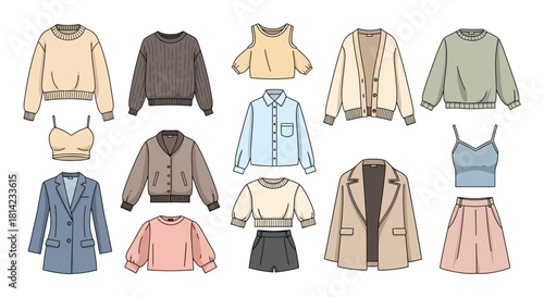 Collection of modern women's fashion apparel, including sweaters, blouses, cardigans, and skirts, illustrated in a flat vector style.