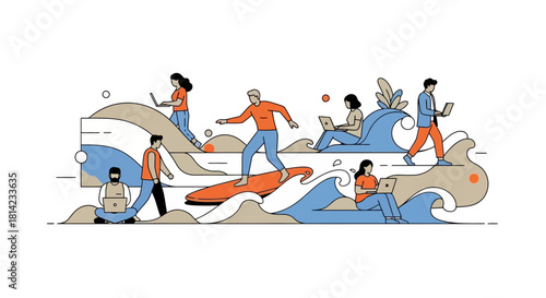 Illustration depicting people using laptops, surfing, and interacting with wave-like structures.