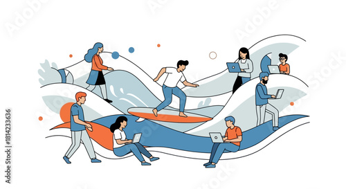 Illustration of people working remotely in a dynamic, wave-like environment, using laptops and engaging in various activities.