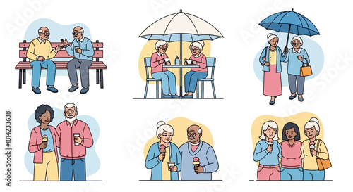 A collection of diverse elderly couples and friends enjoying ice cream together in various outdoor settings.