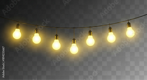 A strand of radiant light bulbs against a dark, undefined backdrop, evoking a warm and inviting ambiance with each illuminated bulb. vector illustration