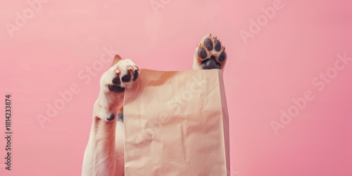 Perrito pequeño con mockup bolsa de papel sobre fondo rosa, promoción tienda de mascota, perro feliz con bolsa de papel con espacio para copy
