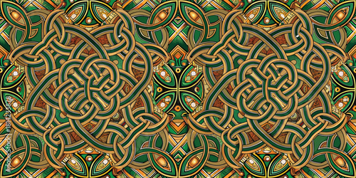Intricate green and gold knot pattern, showcasing elegant symmetry and detailed design.