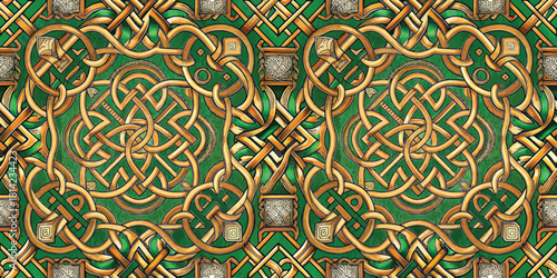 Intricate green and gold Celtic knot pattern, symbolizing unity and eternity, perfect for design projects.