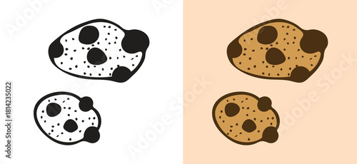 Simple hand drawn chocolate chip cookie illustration set, presented in both doodle line art and flat design color versions. Ideal for food advertising, cafe menus, recipe books, sweet snack packaging,