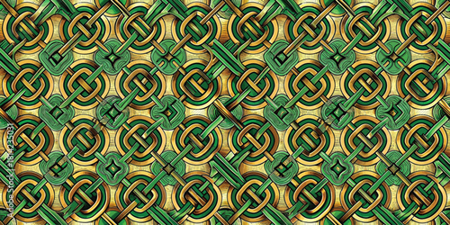Intricate green and gold Celtic knot pattern showcasing elegance and tradition.