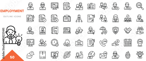 Illustrative icons representing employment concepts, including job search and interview process.