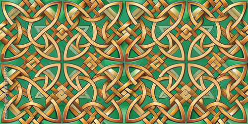Intricate interwoven design featuring golden and green patterns creating a rich, textured look.