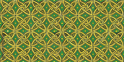 Intricate green and gold woven pattern creating a harmonious, decorative design.