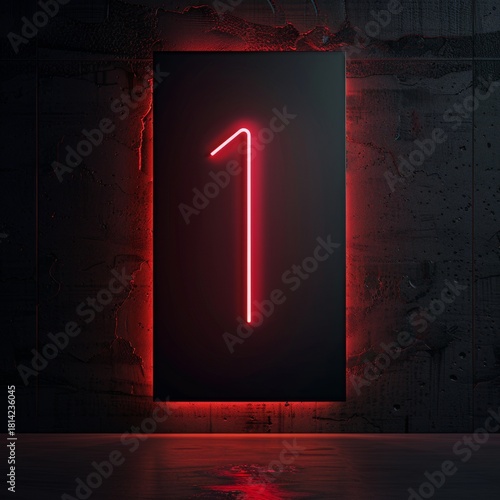 Número 1 de neón rojo sobre pared oscura – fondo futurista, Número uno luminoso rojo en ambiente industrial oscuro, Iluminación de neón rojo con el número 1 en pared moderna, 