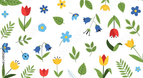 Floral pattern with tulips, bellflowers, and leaves on white background.