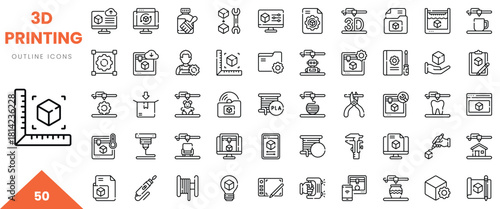 A collection of outline icons representing various aspects of 3D printing technology and tools.