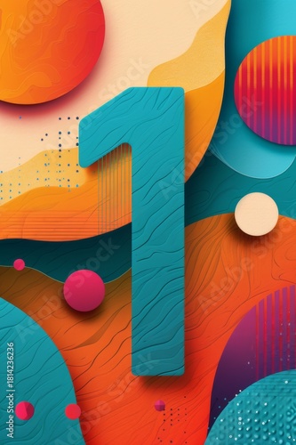 Número 1 geométrico en colores vivos sobre fondo abstracto moderno, Tipografía 3D número 1 turquesa con formas redondas y textura
