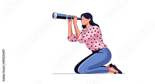 Woman kneeling and looking through a telescope.