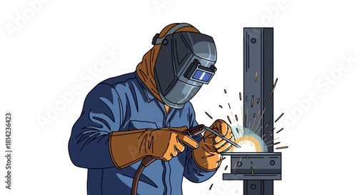 Illustration of a welder in protective gear joining steel beams with sparks flying from the arc.