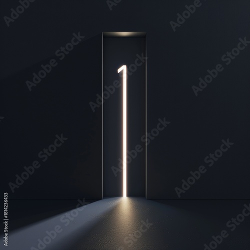 Número 1 iluminado con rayo de luz — fondo minimalista oscuro, Concepto de liderazgo y primer lugar: 1 brillante en ambiente futurista, línea luminosa en forma de 1 con espacio para texto