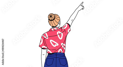 A woman in a pink shirt with hearts and blue jeans points her finger upwards.