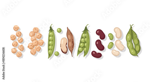 An assortment of various legumes, including chickpeas, peas, and beans, displayed on a white background.