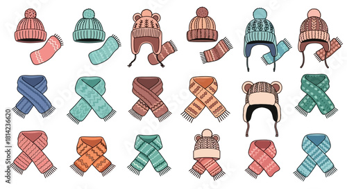 Collection of winter hats and scarves in various colors and styles.