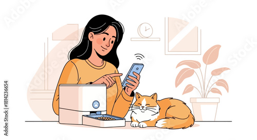 A woman uses her smartphone to control an automatic pet feeder while her cat rests nearby.