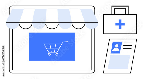 E-commerce concept. E-commerce ed with a store icon, shopping cart, medical symbol, and ID card. E-commerce connecting healthcare, identity, and online retail. For digital shopping healthcare