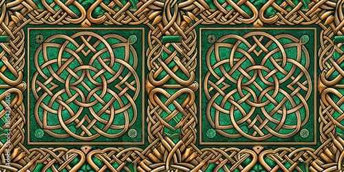 Intricate Celtic knot patterns in gold and green, revealing timeless artistry and cultural heritage.