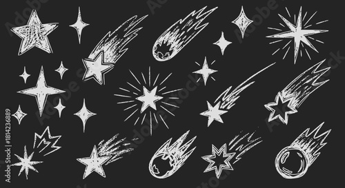 Chalkboard stars and comets, celestial doodles, dark cosmic background concept