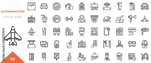 A variety of accommodation outline icons representing travel essentials and services.
