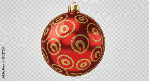 A vibrant red ornament adorned with intricate golden designs, suspended in mid-air, offers a glimpse of holiday cheer, a perfect embodiment of festive spirit.
