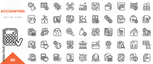 A collection of detailed outline icons representing various accounting concepts.