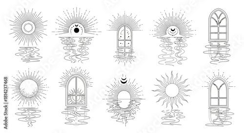 Mystical Water Reflections: Suns, Moons, and Windows in Esoteric Line Art Pattern