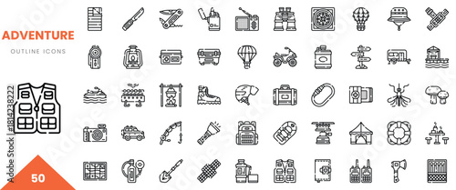 A collection of 50 adventure-themed outline icons showcasing tools and gear.