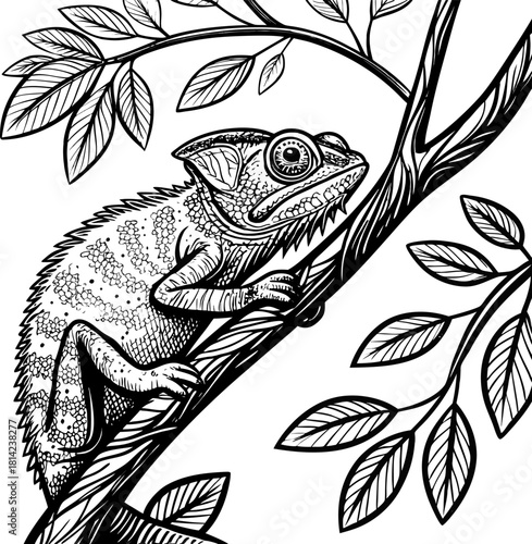 A detailed black and white illustration of a chameleon resting on a branch. The chameleon is positioned on the right side of the frame, facing slightly to the left, with its head turned to look at the