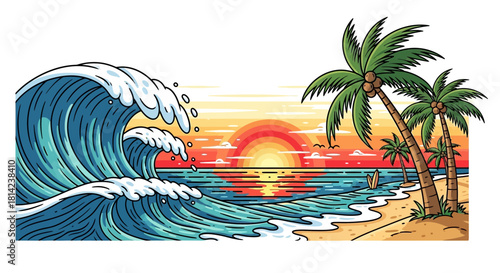 Tropical beach scene with crashing wave, palm trees, and a vibrant sunset horizon