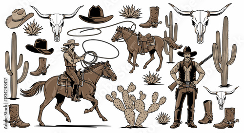 Vintage western elements featuring cowboys horses cacti and longhorn skulls illustrations