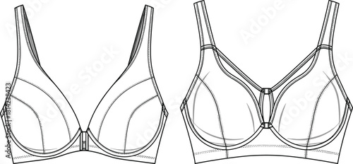 Women's bra fashion flat technical drawing, lingerie vector sketch, underwear CAD illustration, front and inner view, apparel design template.