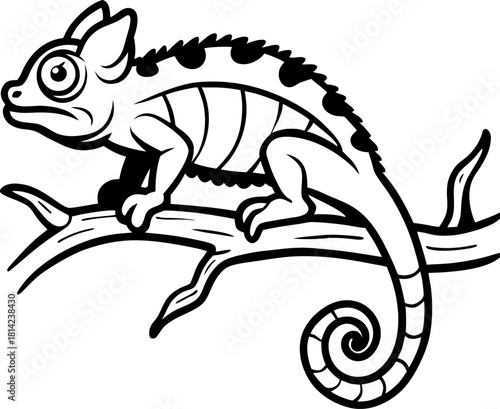 A detailed black and white illustration of a chameleon resting on a branch. The chameleon is positioned on the right side of the frame, facing slightly to the left, with its head turned to look at the